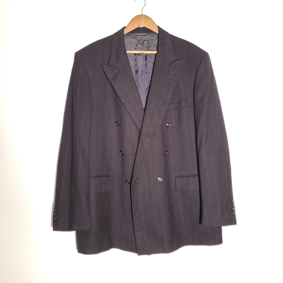 Navy Full Cut / Wide Leg Double Breasted 100% Percent Fabric Slanted Vest - 100% Percent Wool Fabric Suit - Worsted Wool Business Suit